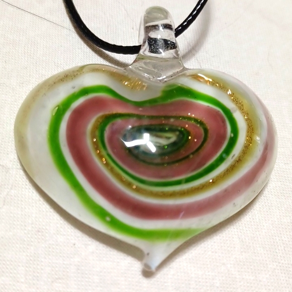 Glass heart handmade hand-blown murano lampwork pendant white gold green purple - Picture 3 of 5